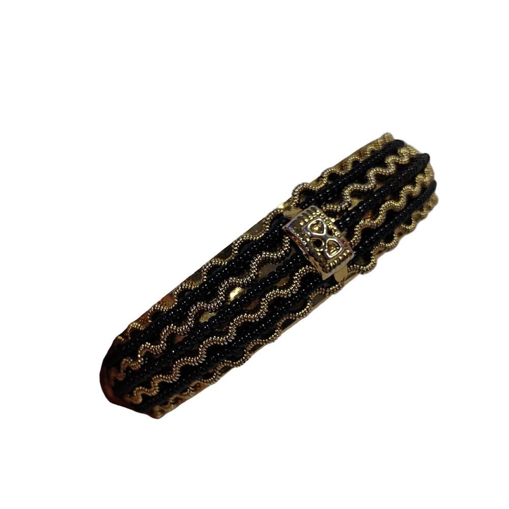 Hinged Bangle Bracelet Gold Black Gimp Trim Fabric Gold-tone Metal 2.5" Diameter